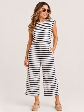 FD by Fred David Striped Wide Leg Jumpsuit Navy White Tie Back Women’s Size Lrg